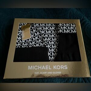 New in box Michael Kors black n white logo pattern scarf, gloves and hat set.